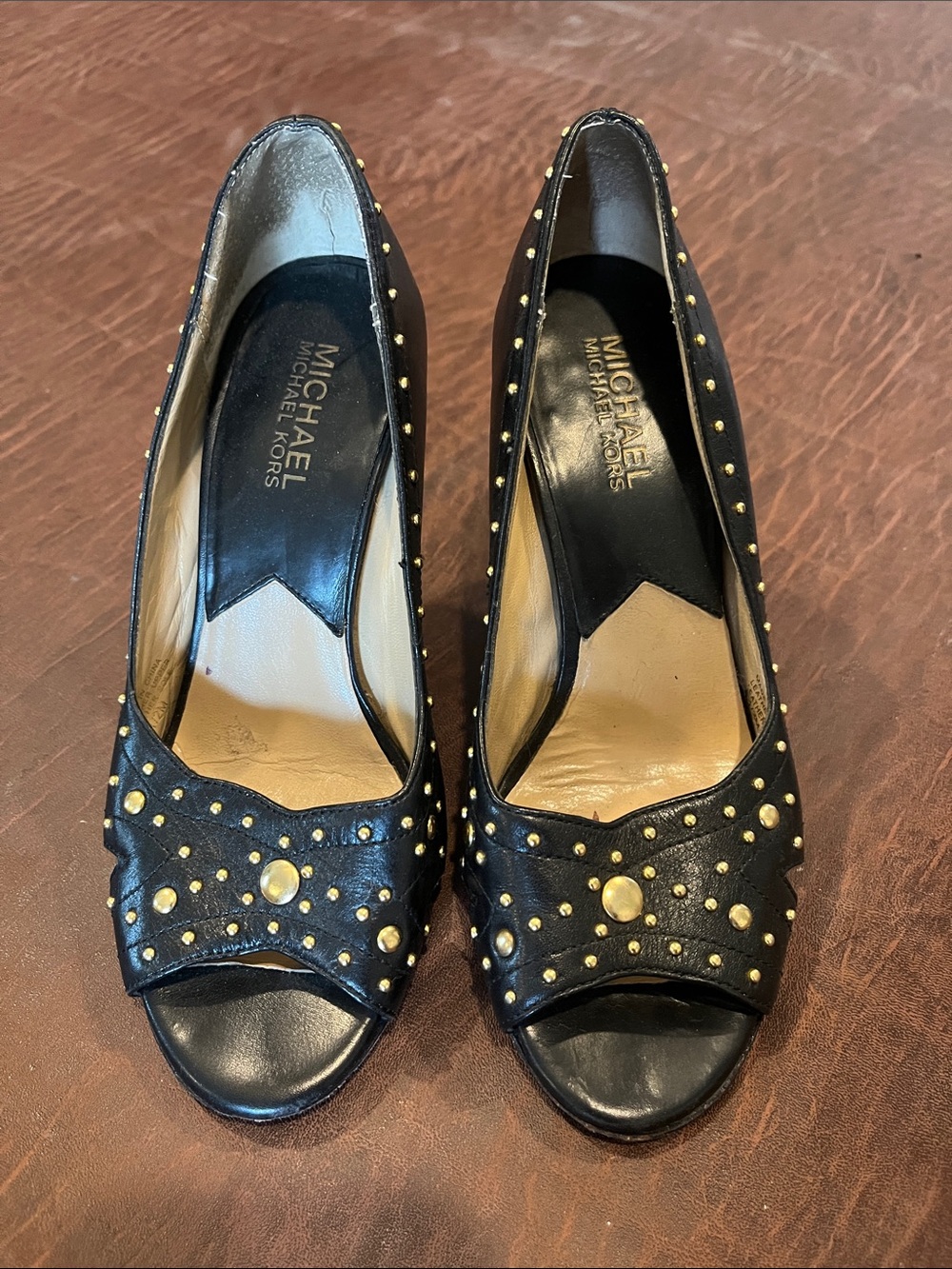 MICHAEL Michael Kors Black Peep-Toe Heels with Gold Studs